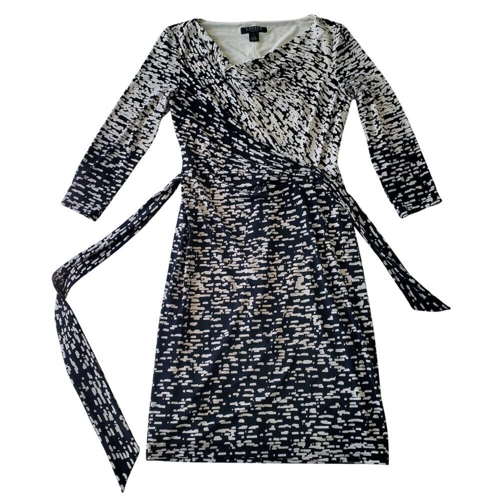 Lauren Ralph Lauren Faux Wrap Dress Black & White Abstract Print 3/4 Sleeve 4 - Picture 5 of 16